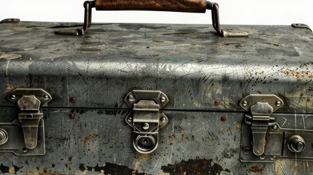A worn metal toolbox with a wooden handle sits on a white background