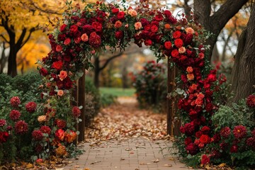 fall wedding decor, gorgeous autumn garden wedding arch adorned with deep red roses, dahlias, and greenery under a colorful fall leaf canopy
