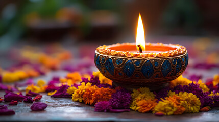 A decorative oil lamp surrounded by vibrant flower petals.