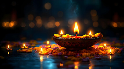 A decorative oil lamp with flowers, symbolizing celebration and light.