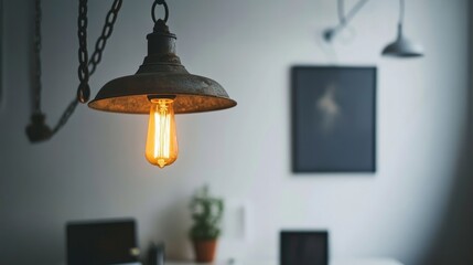 Close-up of a hanging scrap metal light fixture over a simple desk setup with a clean white backdrop, highlighting the industrial aesthetic