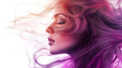 A woman with long purple hair is shown in a blurry, abstract style. The hair is covered in glitter, giving it a dreamy, ethereal appearance.  Scene is one of whimsy and fantasy