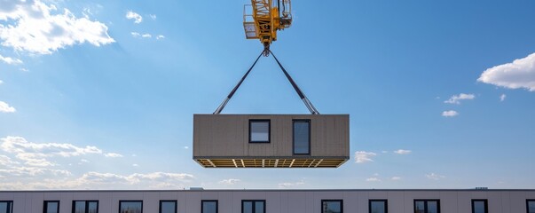 Construction crane lifting modular building unit against clear blue sky.