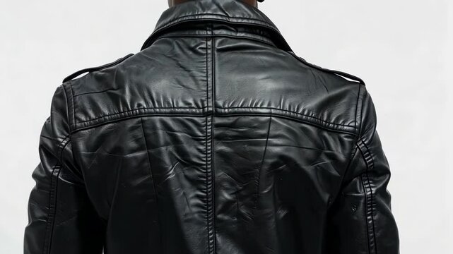 A close-up of a black leather jacket with detailed stitching