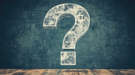 A 3D rendering of a grey-white stone question mark standing tall on a wooden table, with a blue background.
