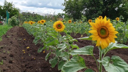Sunflowers growing in urban garden