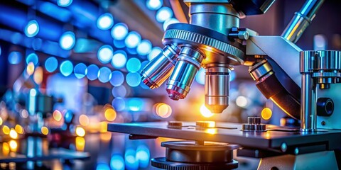Fototapeta premium An illuminated microscope lens is captured up close in a lab environment, using tilt-shift photography to emphasize its detailed features and