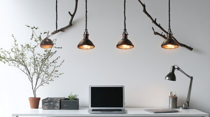 Modern desk setup with upcycled hanging lights made from metal scraps, displayed against a white background for a minimalist look.