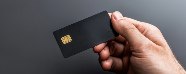 Hand holding a sleek black credit card on a gray background.