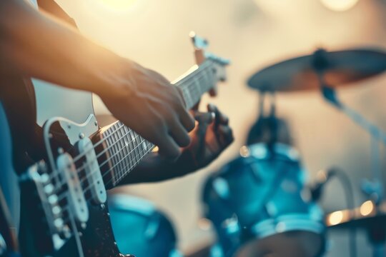 A Black Afro American band delivering an electrifying live performance at a vibrant music festival, captivating a diverse audience with dynamic rhythms and engaging energy. Music band on stage.