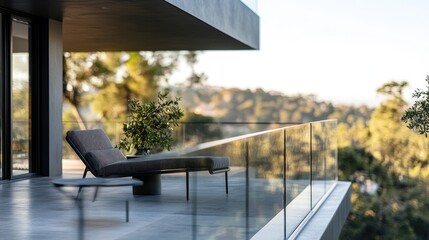 A close-up of a modern balcony with glass railings, showing a sleek lounge chair and a small side table, with a view of the surrounding landscape.