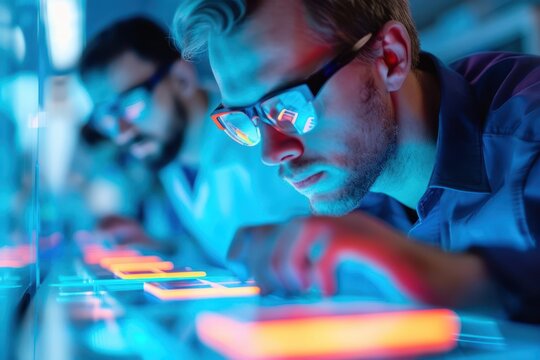 Scientists in a high-tech laboratory testing elastocaloric materials, utilizing dynamic thermal imaging to evaluate cooling efficiency under extreme heat conditions for advanced energy solutions.