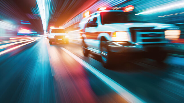 Abstract portrayal of first responders in a fast-paced emergency scene, showcasing vibrant streaks of motion to emphasize dynamic and urgent nature of their lifesaving efforts during critical moments.