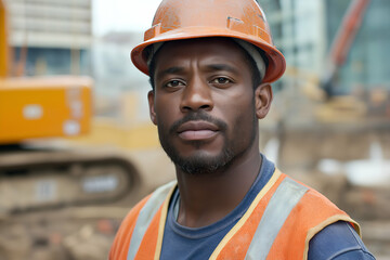 Fototapeta premium African american construction worker, wearing a hard hat and safety vest, stands on a job site with heavy machinery in the background