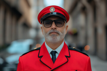 Professional doorman in a red uniform and hat confidently stands in the city street, exuding professionalism and a sense of security
