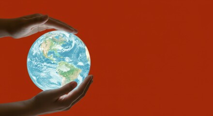 Hands holding globe against red background