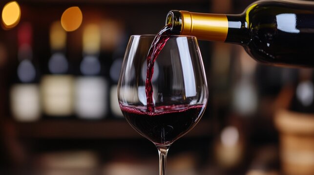 aged red wine pouring from bottle into glass on blurred background of wine bottles in wine shop