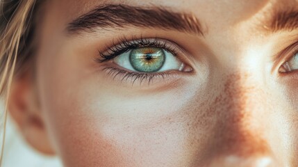 Fototapeta premium A detailed shot of a woman's face, focusing on her expressive eyes and the delicate contours of her cheeks, with soft natural lighting.