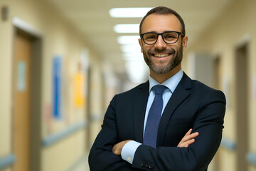 Fototapeta premium Hospital administrator is smiling with his arms crossed in a hospital corridor. He is wearing a suit and tie and has a beard