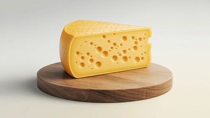 Yellow Cheese Block with Characteristic Holes on Round Wooden Base: Culinary Still Life Imagery
