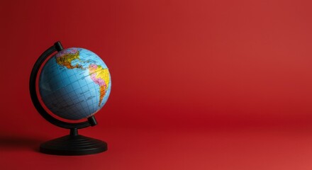 Blue globe on black stand against red background