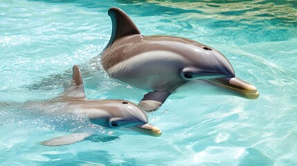 A dolphin mother and her calf swimming close together in shallow turquoise waters, showcasing their strong bond.