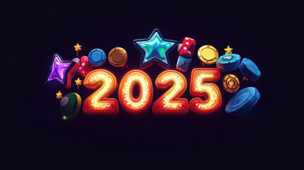 Casino Night Celebrating 2025 with Poker Chips and Playing Cards