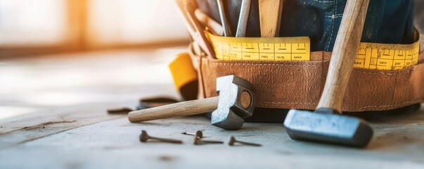 Hand tools and accessories organized in a work belt on a wooden surface.