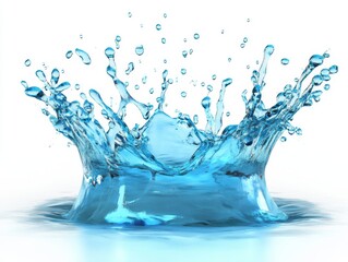 2408 87.A powerful splash of crystal-clear blue water, with droplets scattering in all directions. The wide, sweeping arc of water is frozen in mid-air against a pure white background, creating a