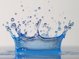 2408 90.A visually striking splash of blue water, frozen in time as it arcs across a white background. The wide splash creates a dynamic and refreshing scene, with water droplets sparkling in mid-air.