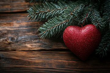Obraz premium Wooden background with christmas tree branches and a red heart decoration 