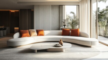 Elegant modern living room with a curved white sofa and orange cushions bathed in natural light from large windows