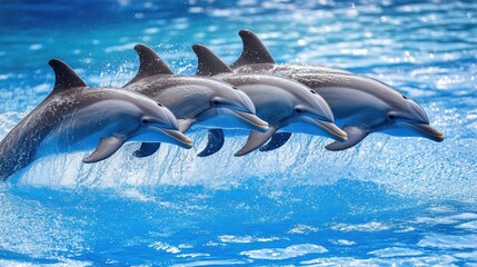 A group of dolphins swimming together in a synchronized formation, showing their natural grace and coordination.