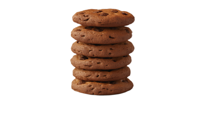 A stack of cookies on a white background. The cookies are all the same size and shape. They are piled on top of each other, creating a visually appealing and appetizing display