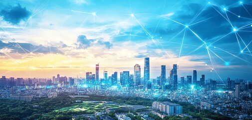 Cityscape with connected network.