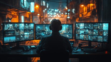 Surveillance room with multiple monitors displaying urban activity during nighttime hours
