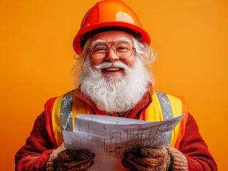 Grandfather with grey beard builder holding house, construction uniform, yellow background