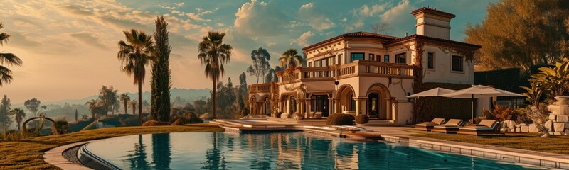 A large house with a spacious swimming pool is located in front