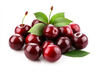2408 116.A vibrant pile of ripe, glossy red cherries with fresh green leaves scattered throughout. The cherries' smooth skin reflects light, making them look juicy and delicious, perfectly arranged