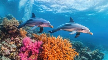 Fototapeta premium A peaceful scene of dolphins swimming near a coral reef, with vibrant marine life and colorful corals in the foreground.