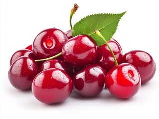 2408 117.A close-up of a cluster of bright red cherries with glossy surfaces, a few with fresh green leaves attached. The cherries are piled together, their deep red color contrasting beautifully