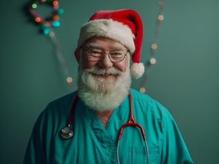 Naklejka premium Santa Claus the Cheerful Doctor in a Festive Christmas Hat with a Stethoscope