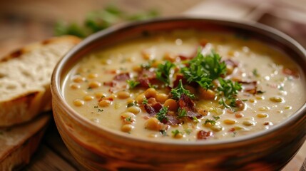 Hearty Split Pea Soup with Ham Garnish and Rustic Bread. Split Pea Soup with Bacon and Beer