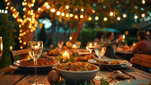 Long table is set outdoors under string lights, illuminated by candles and ready for friends to enjoy a meal together