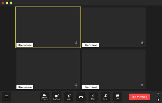 Virtual meeting platform interface displaying empty participant windows and controls for engagement in a remote collaboration setting