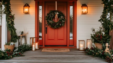 A cozy entryway featuring a beautifully decorated wreath, flickering candles, and greenery garlands, capturing the spirit of the holiday season with a warm and festive touch. 