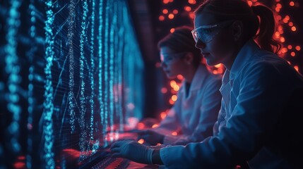 Scientists engaged in CRISPR research in a modern laboratory during nighttime analysis