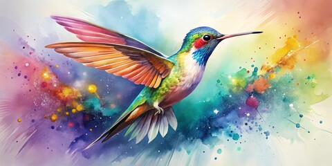 Obraz premium A stunning watercolor depiction of a hummingbird soaring, enhanced by vivid paint splashes, embodying the lively energy and exquisite charm of this