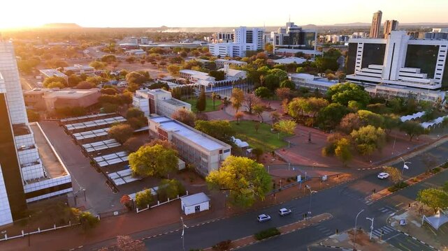 Sunset Sky Drone-View of Gaborone Botswana's Parliament in 4K with Botswana's National Flag Colours