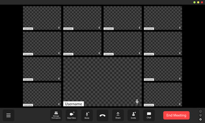Virtual meeting interface displaying multiple blank participant slots during an online conference in a digital workspace setting